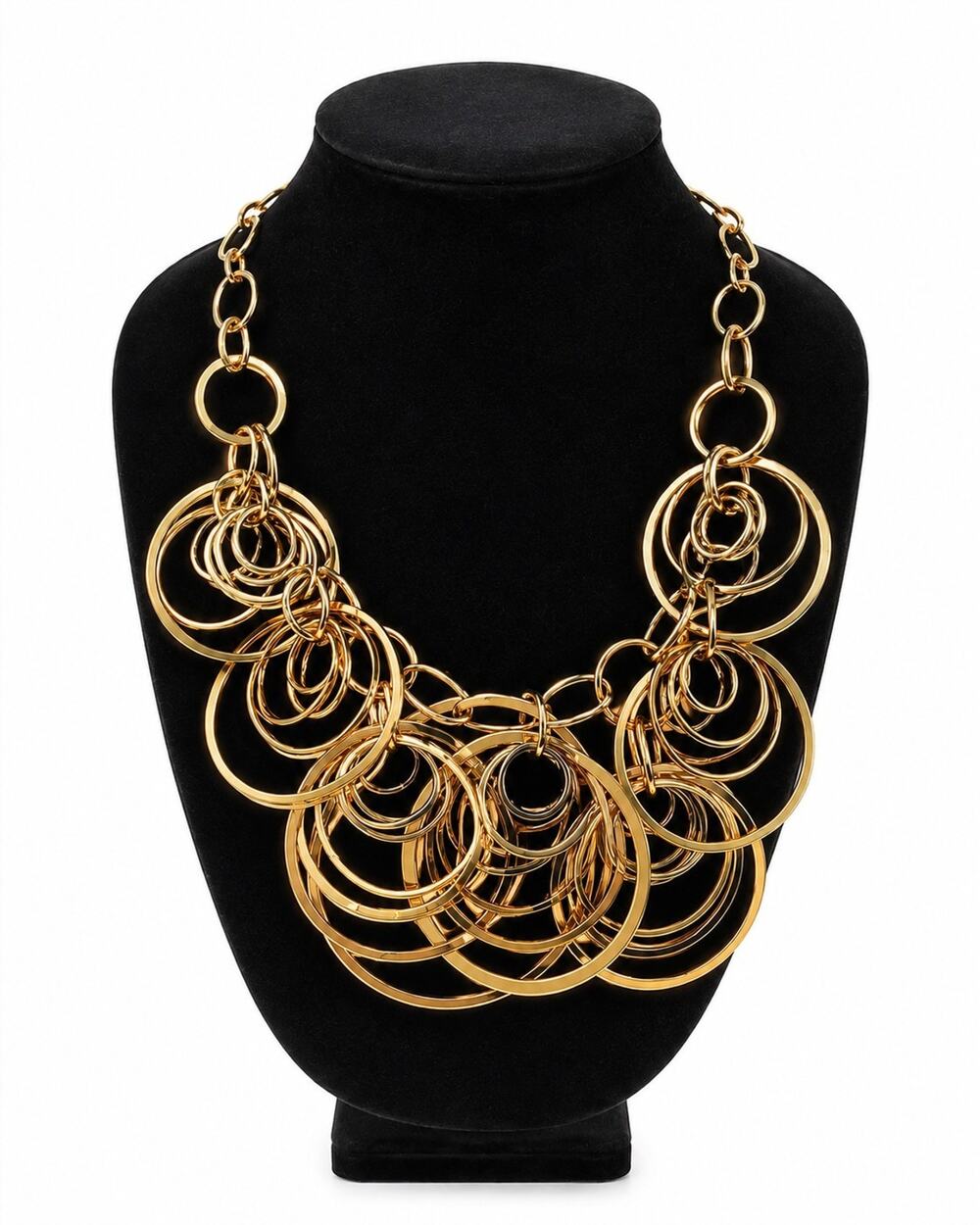 Chico's Gold Tone Hammered Multi Hoop Bib Statement Necklace Adjustable Chain